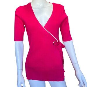Select + Trend Hot Pink Ribbed Wrap Top w/ Bow Detail & Half Sleeves Womens Sz L